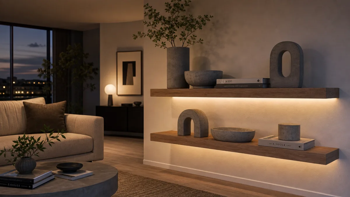 a modern living room featuring concrete decorative objects on a wooden shelf,…