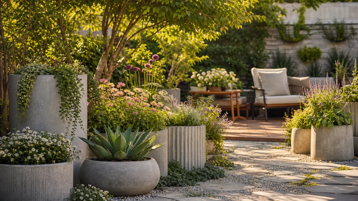 a beautifully arranged garden with handcrafted concrete planters and lush greenery, golden…