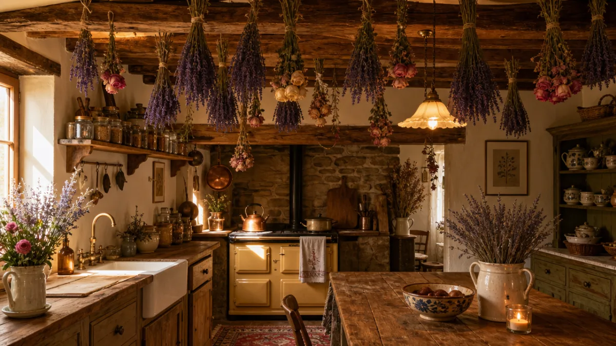 a cosy rustic kitchen with bunches of dried lavender and roses hanging…