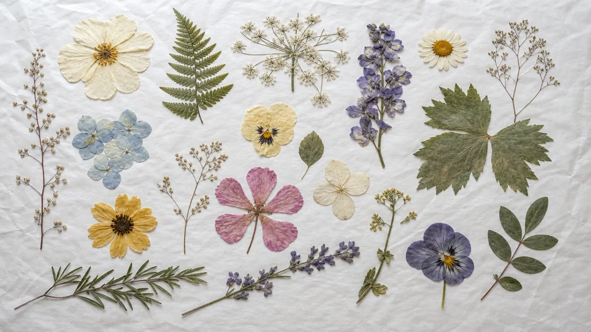 a flat lay of pressed flowers and botanical specimens arranged on white…