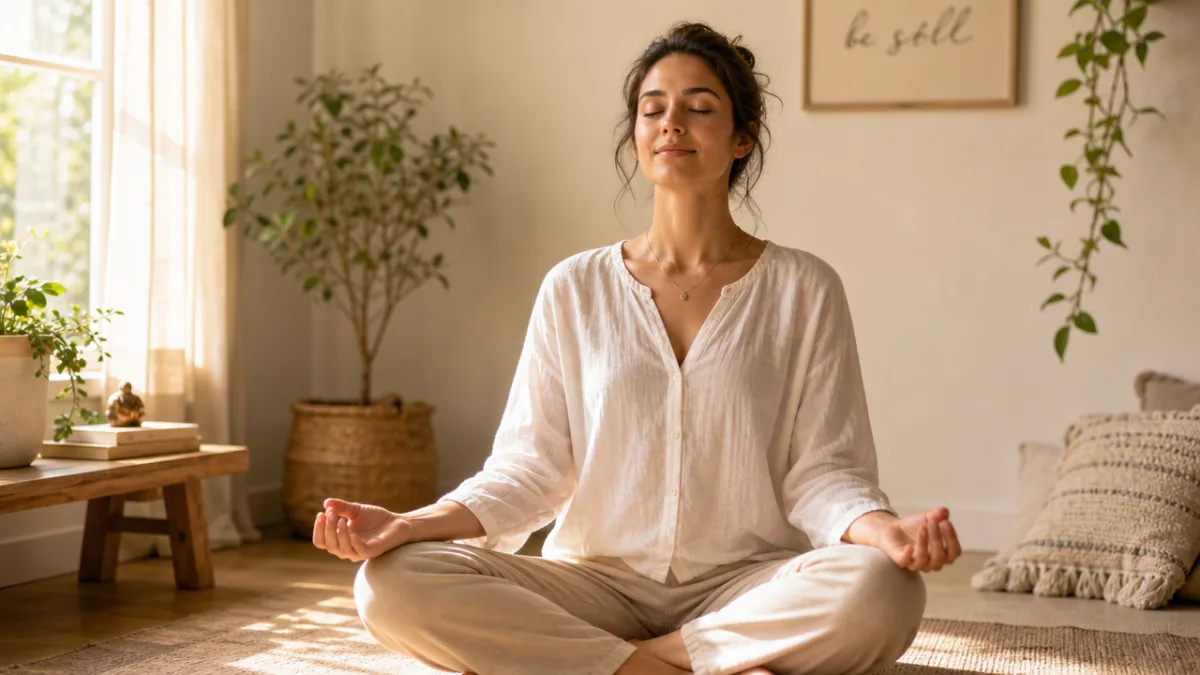 a woman sitting cross-legged in soft morning light, eyes closed, hands resting…