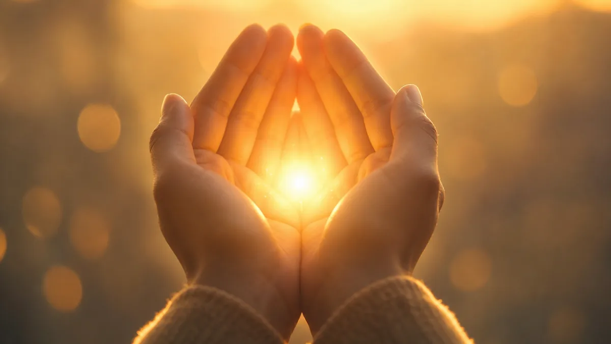 a pair of cupped hands holding a small glowing light in warm…