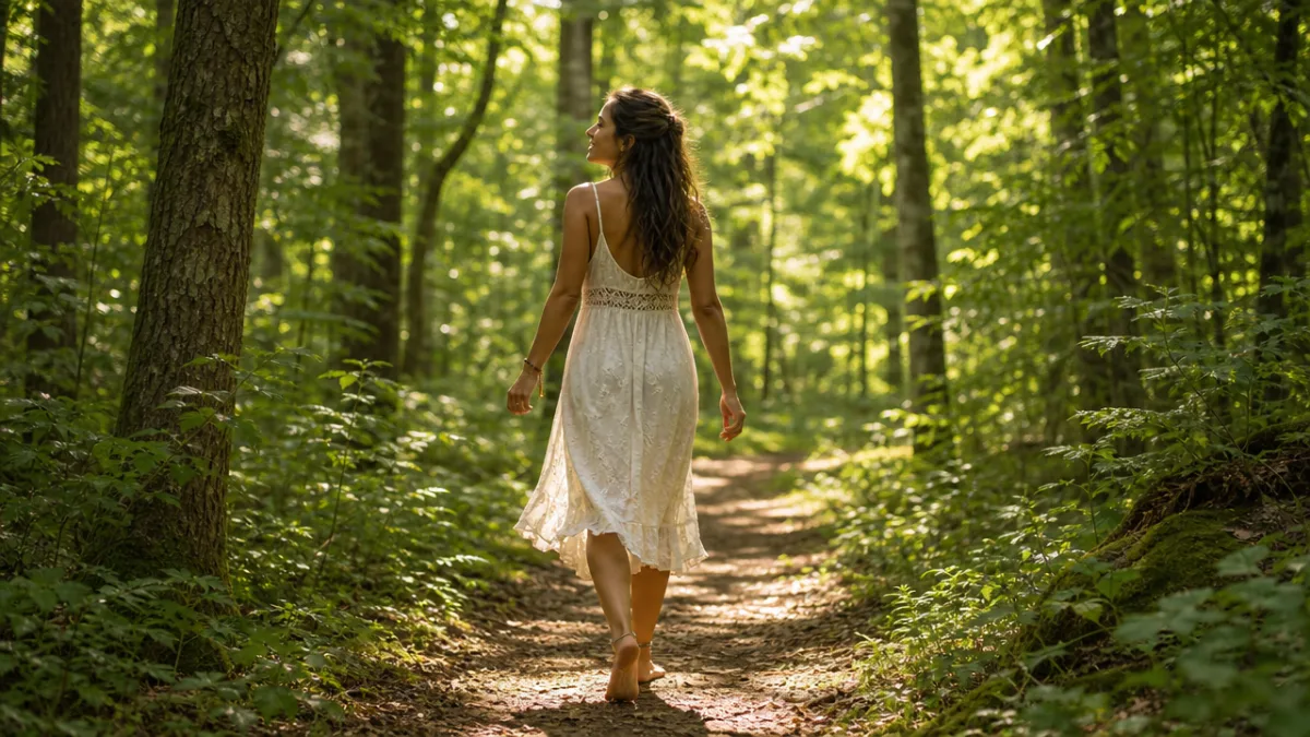 a woman walking barefoot through a sunlit forest path, dappled light falling…