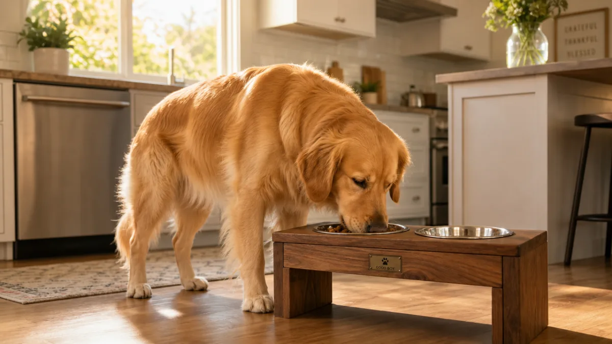 a golden retriever eating from a raised wooden bowl stand in a…