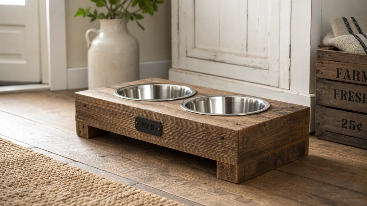 a rustic wooden dog bowl stand with two stainless steel bowls on…