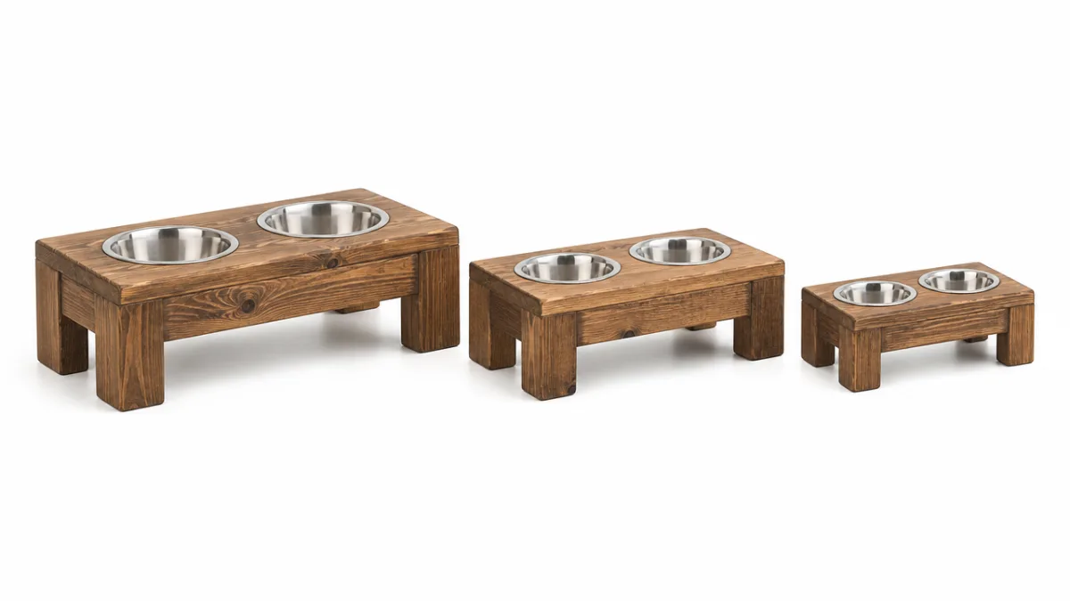 a collection of three different sized handmade wooden dog bowl stands lined…