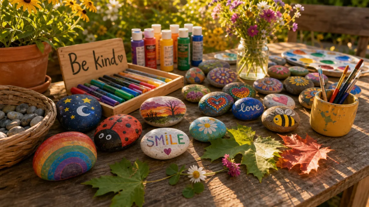 a sunlit outdoor craft table covered in colorful painted rocks, leaves, and…