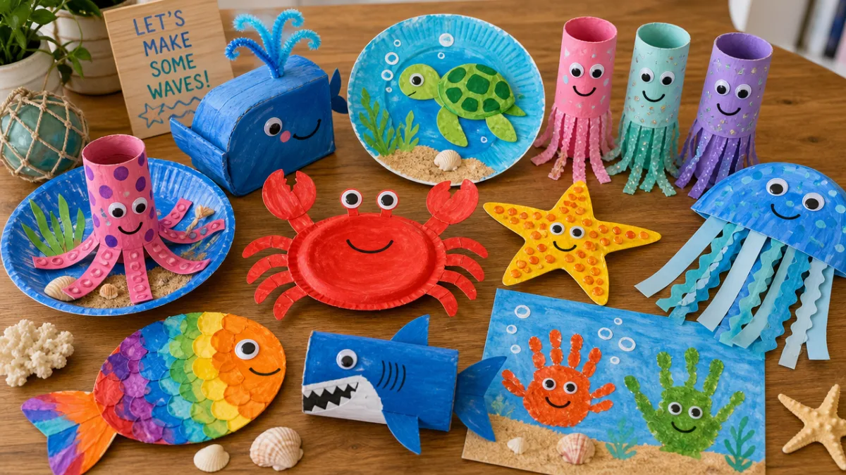 a colorful array of handmade ocean-themed kids crafts on a wooden table,…