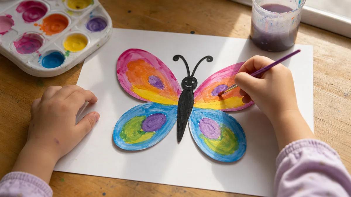 a child's hands painting a colorful butterfly craft on white paper, soft…