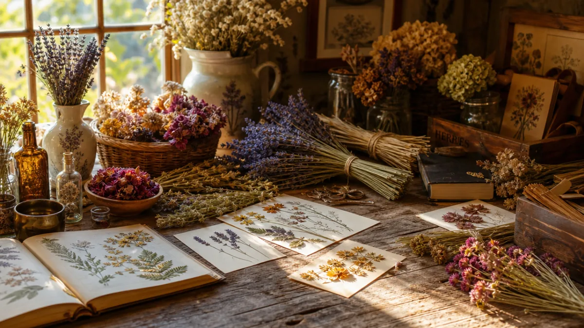 a rustic wooden table covered with colorful dried flowers, lavender bundles, and…