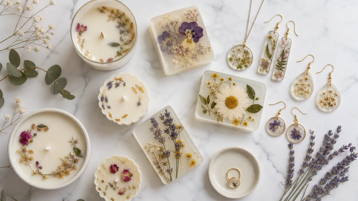 a flat lay of handmade botanical candles, pressed flower soap bars, and…