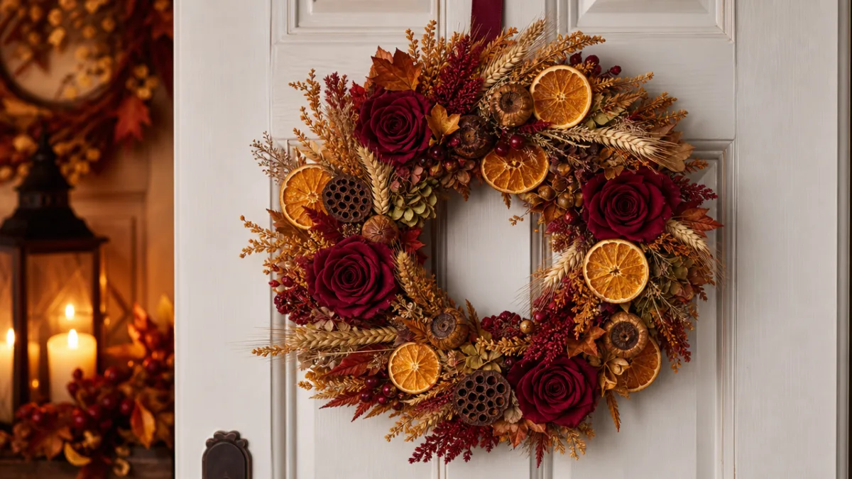 a festive autumn wreath with dried orange slices, burgundy roses, wheat, and…