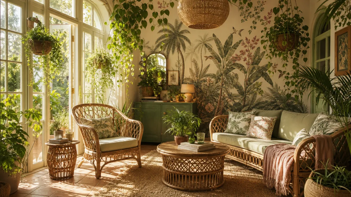 a sunlit garden room interior with rattan furniture, trailing plants, and a…
