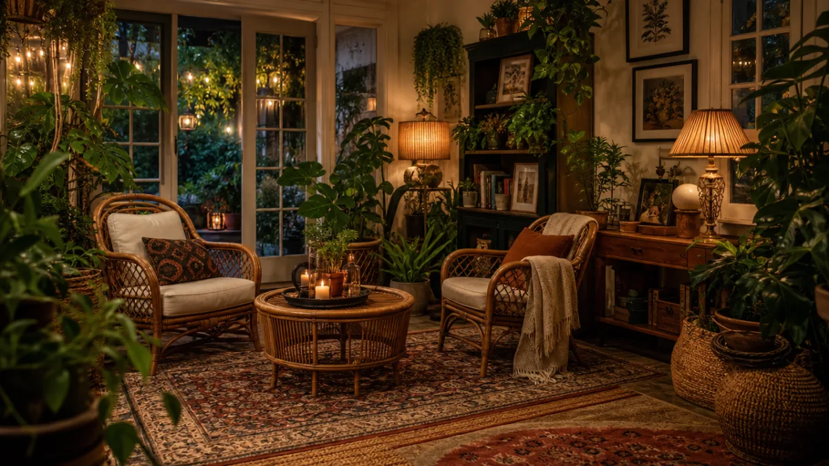 a cosy garden room styled with layered rugs, rattan chairs, lush indoor…