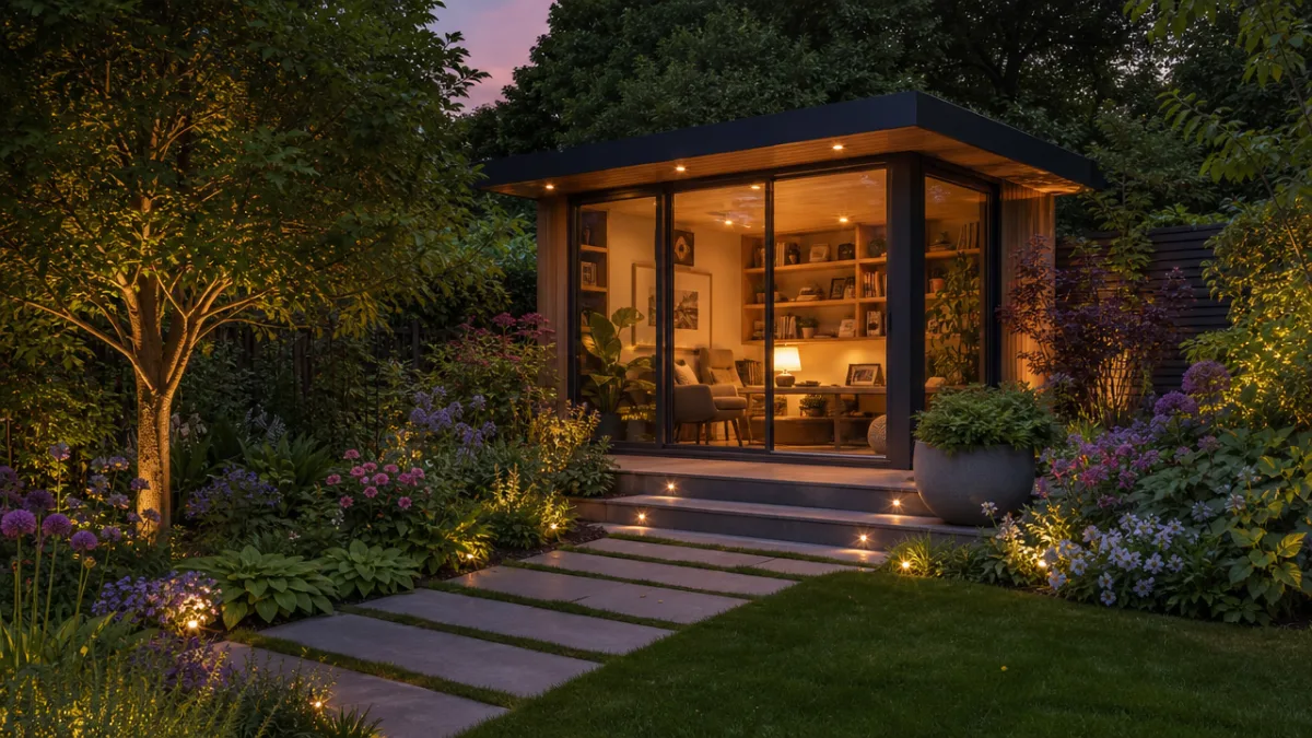 a beautifully landscaped garden with a modern glass garden room nestled among…