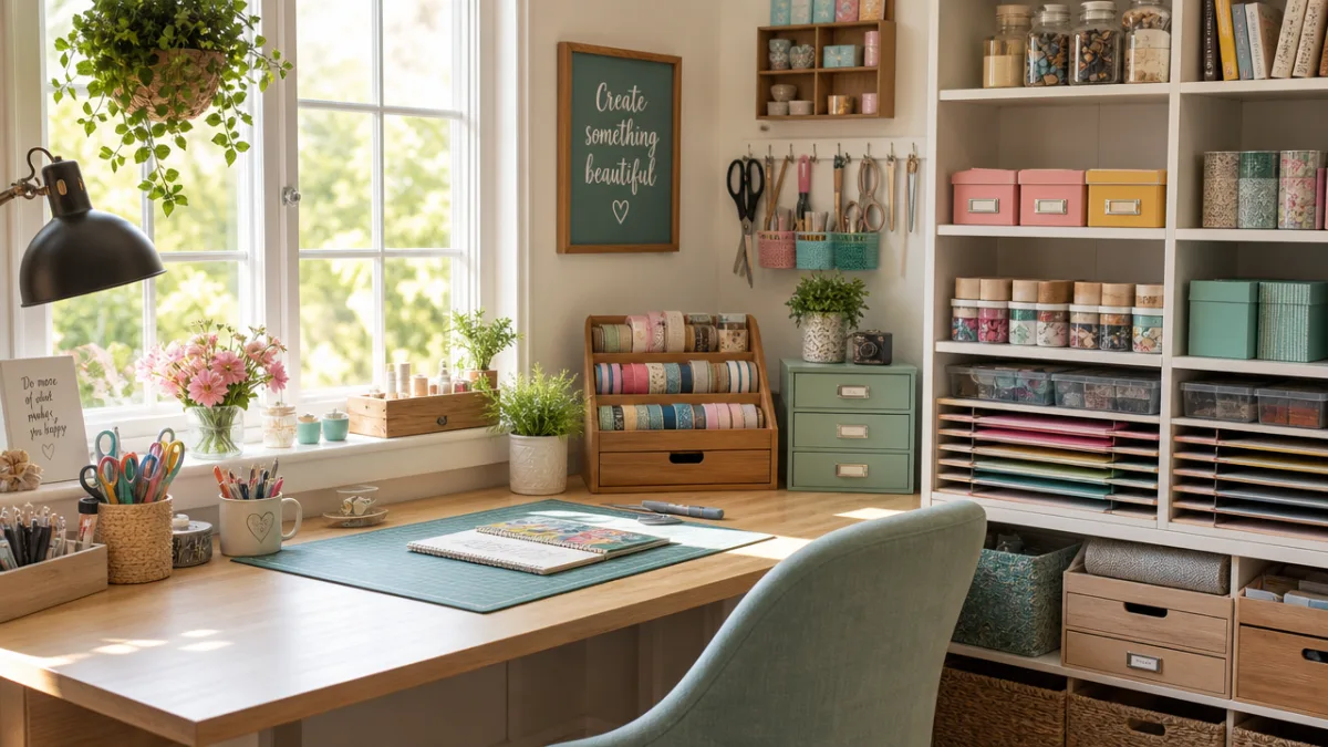 a neatly organized craft workspace with colorful supplies, small boxes, and warm…