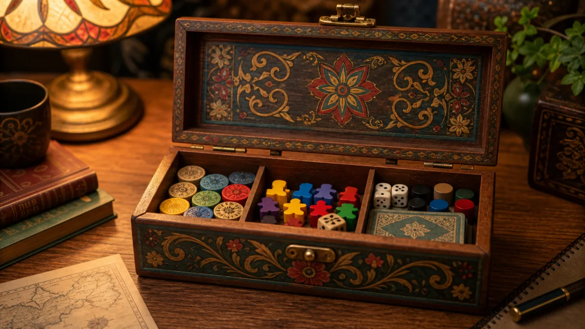 a beautifully decorated wooden mini game box open on a table, soft…