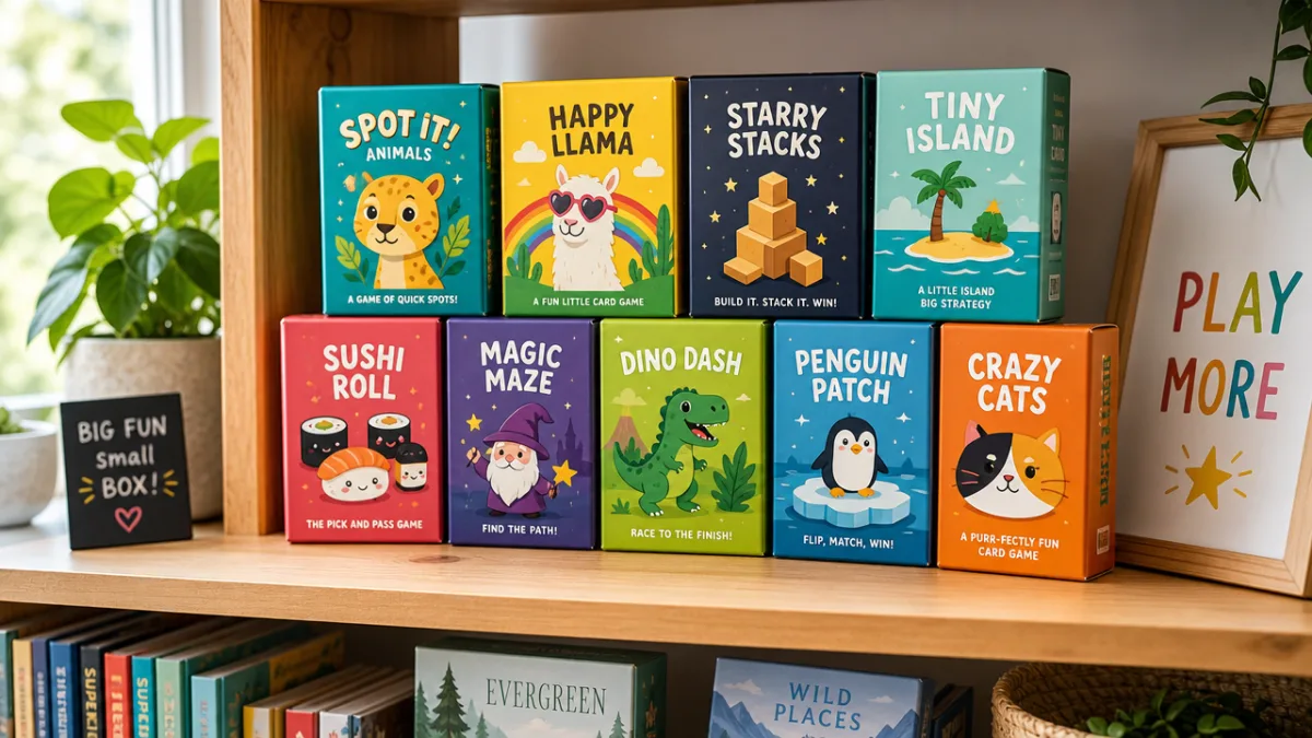 a group of colorful mini game boxes displayed on a wooden shelf,…