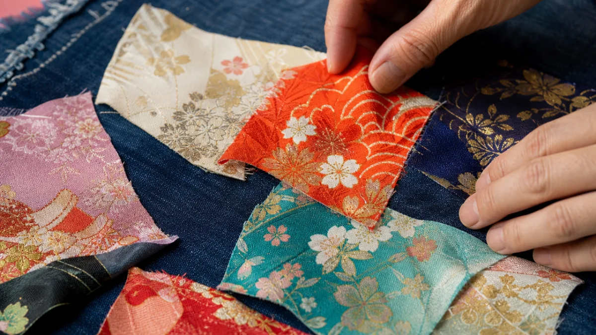 close-up of colorful kimono silk scraps being arranged on denim fabric, soft…