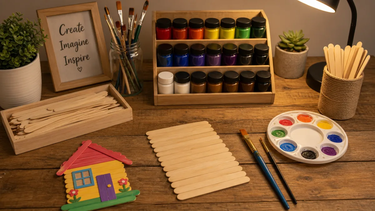 a neatly arranged craft workspace with popsicle sticks, paint jars, and brushes…