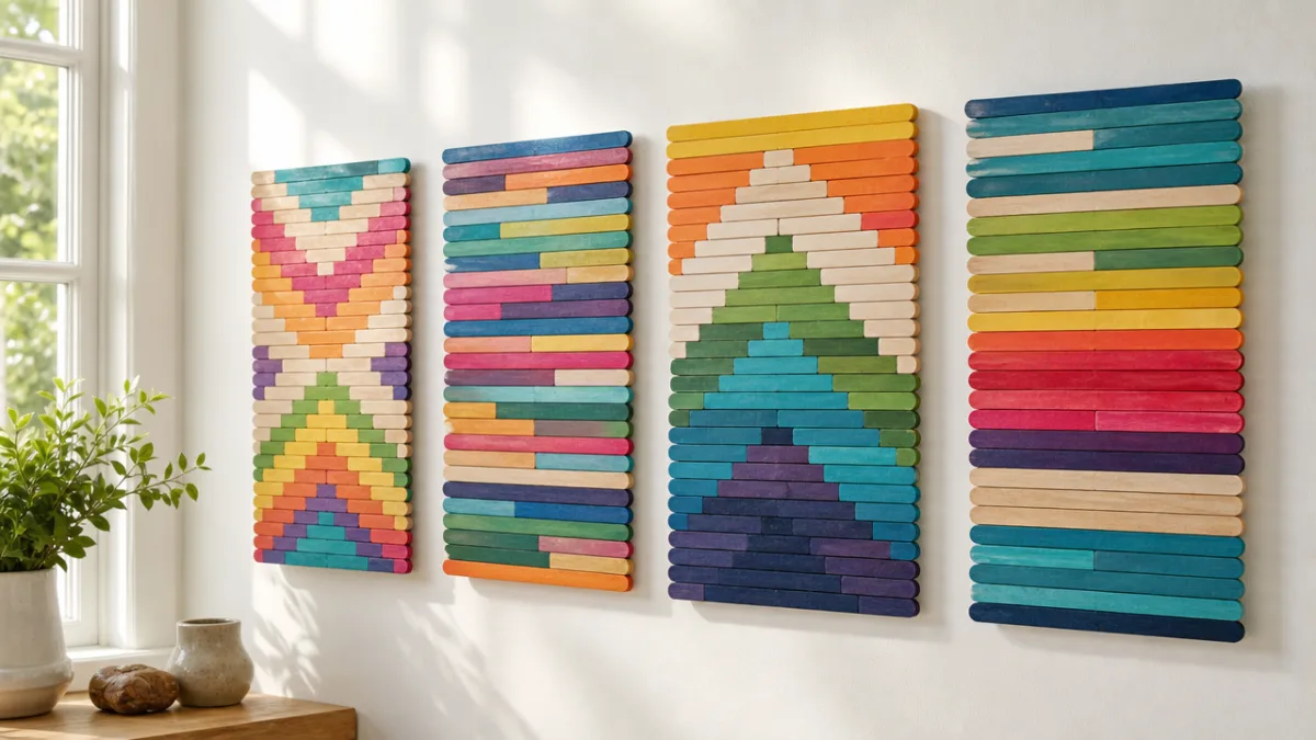colorful popsicle stick wall art panels arranged on a white wall, soft…