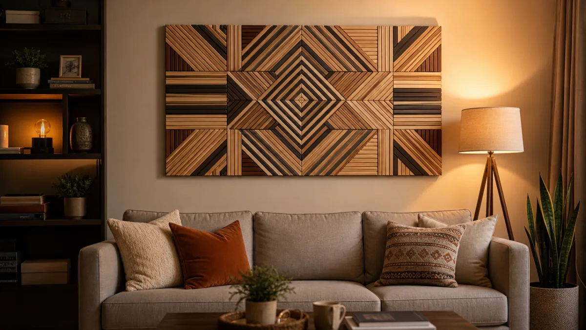 finished popsicle stick geometric wall art mounted on a modern living room…