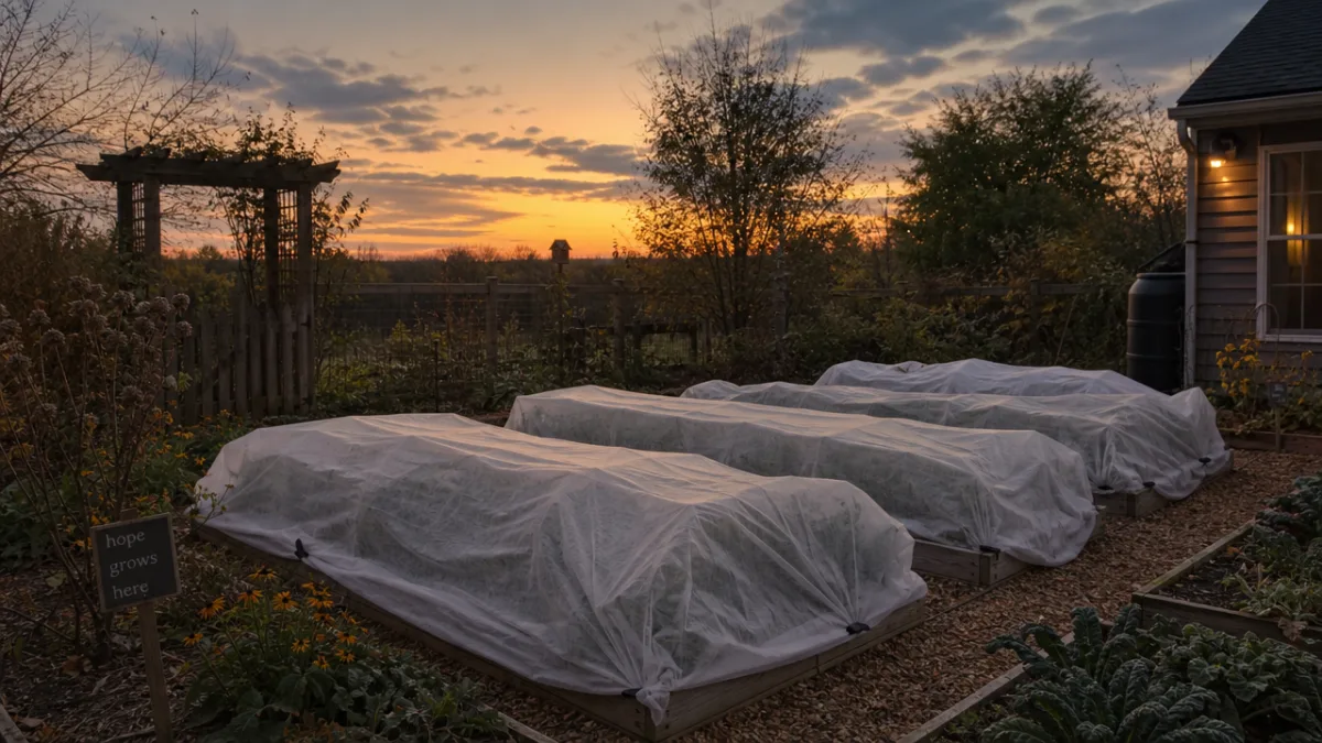 a home garden at dusk with white frost cloth draped over raised…