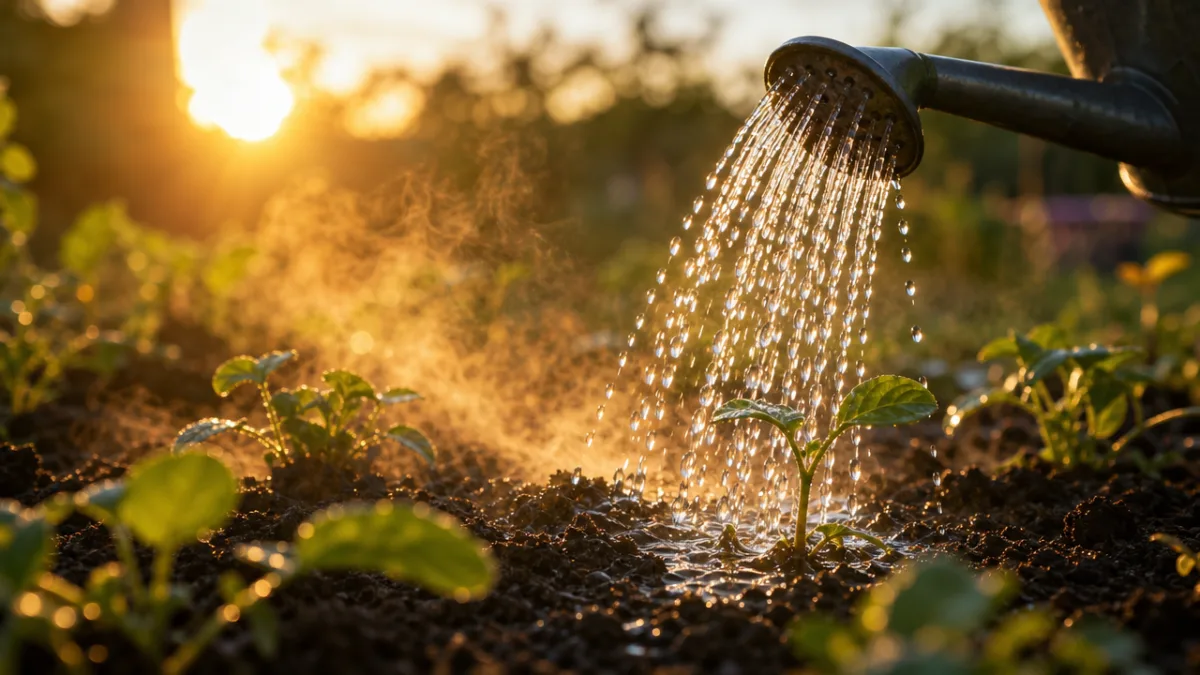 close-up of garden soil being gently watered at sunrise, warm morning light…