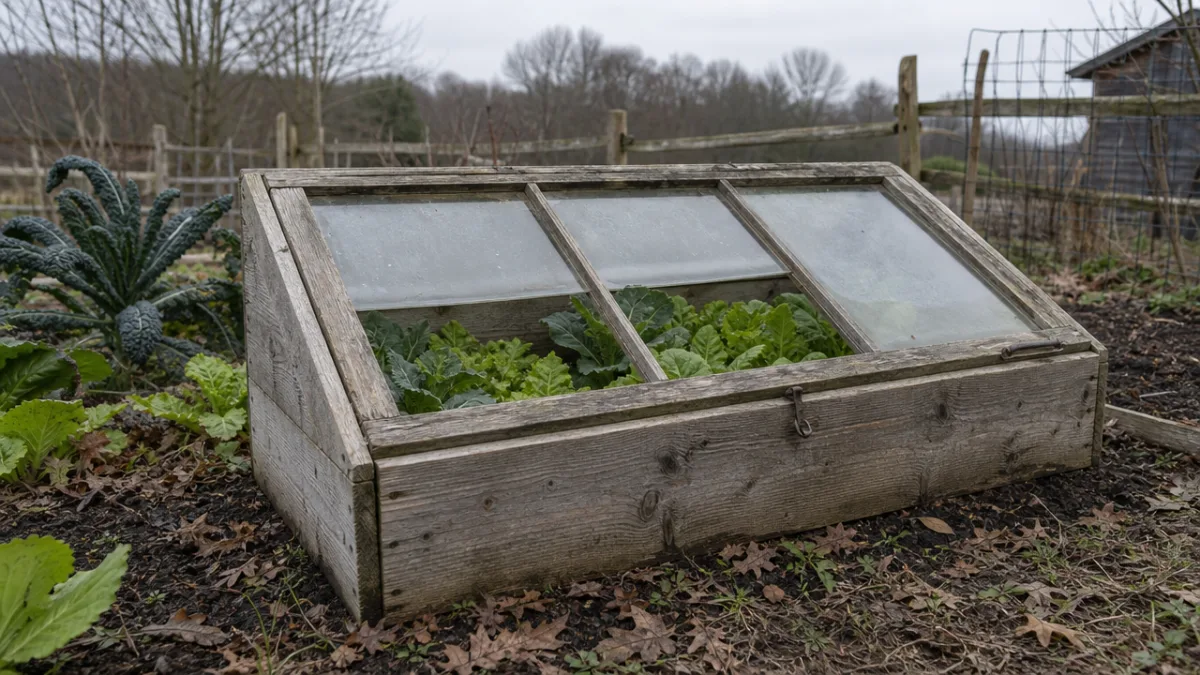 a rustic wooden cold frame in a vegetable garden, green plants visible…