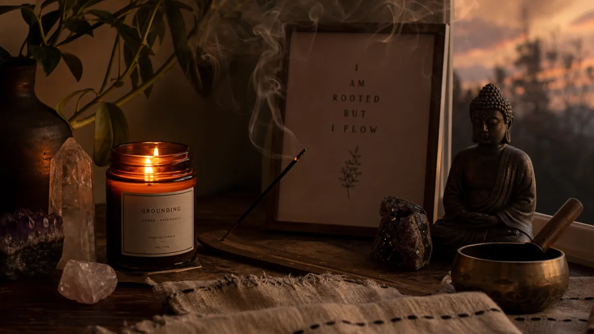 a serene meditation corner with a tinted candle, crystals, and soft incense…