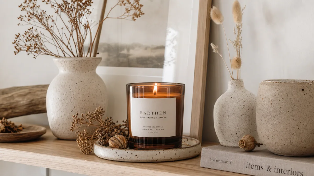 a styled shelf display with a tinted glass candle surrounded by dried…