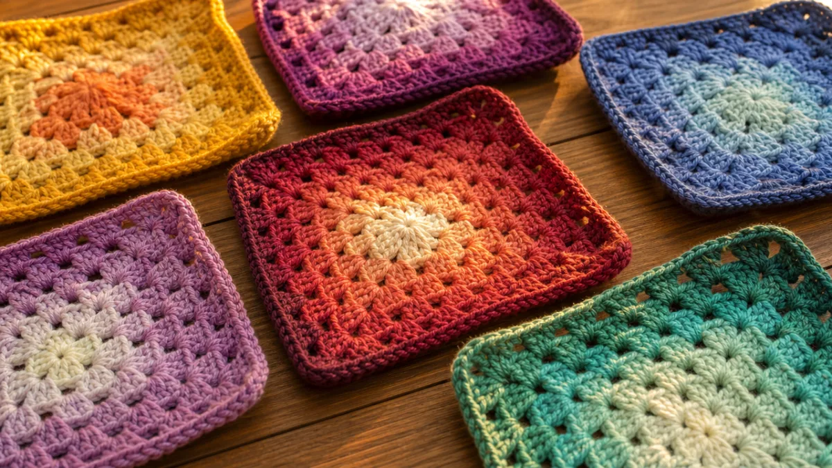 a close-up of colorful ombre crochet granny squares arranged on a wooden…