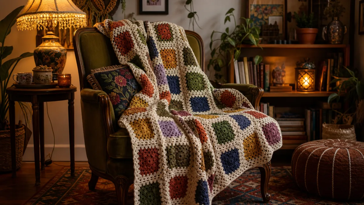 a handmade crochet blanket draped over a vintage armchair in a cozy…