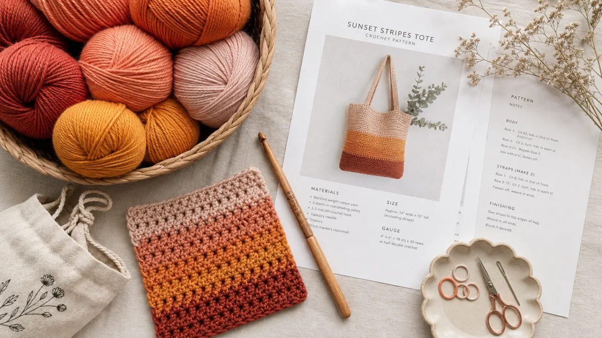 a flat lay of crochet supplies including yarn skeins in sunset tones,…