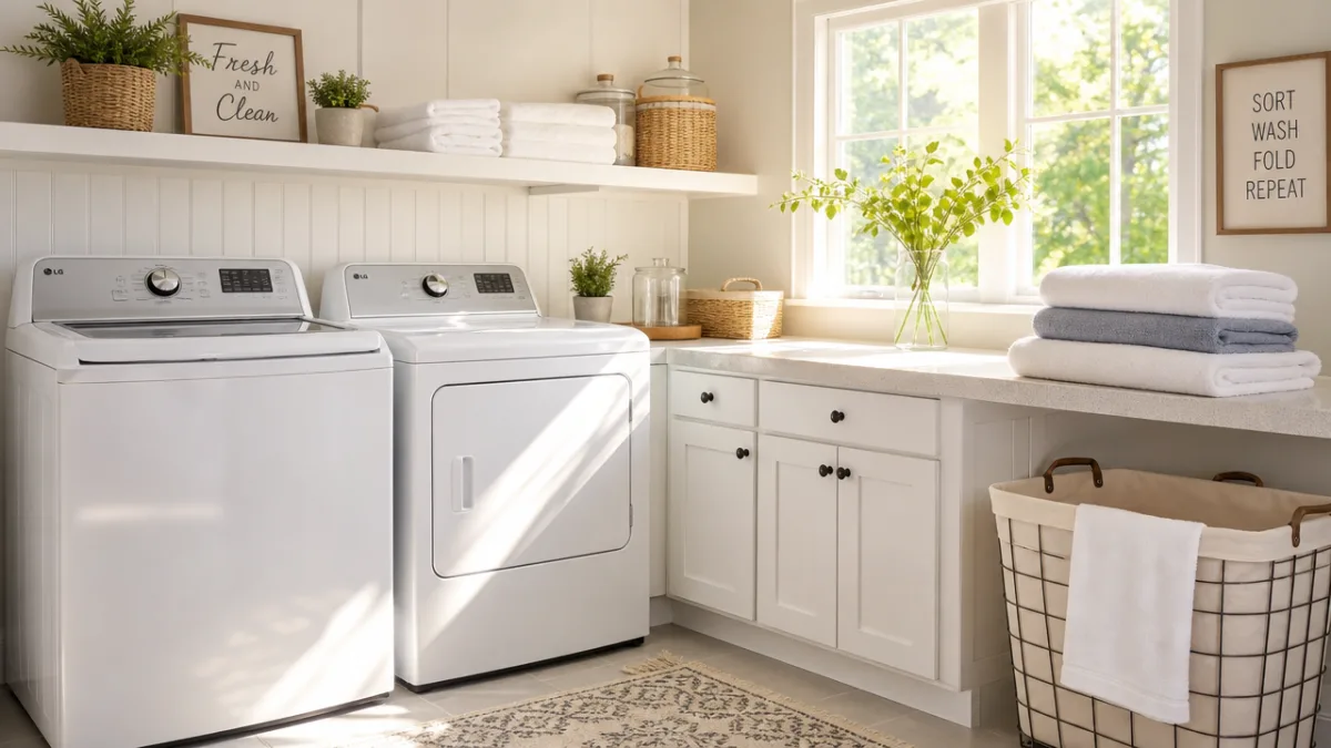 a bright laundry room with white appliances, folded clean towels, and warm…