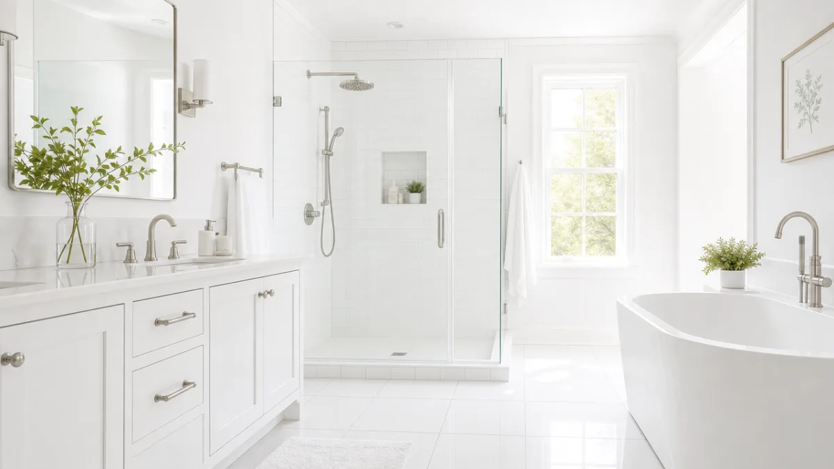 a spotless white bathroom with gleaming tile grout, clean shower, and soft…