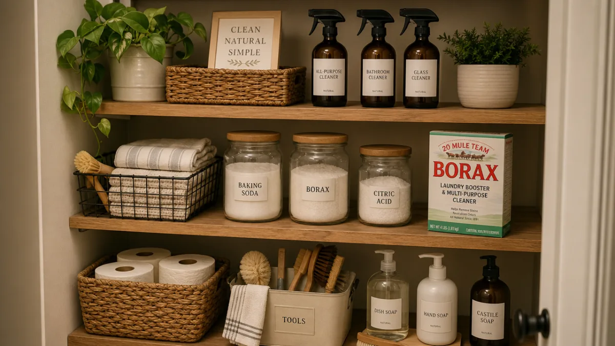 an organized cleaning supply shelf with natural products, a box of borax,…