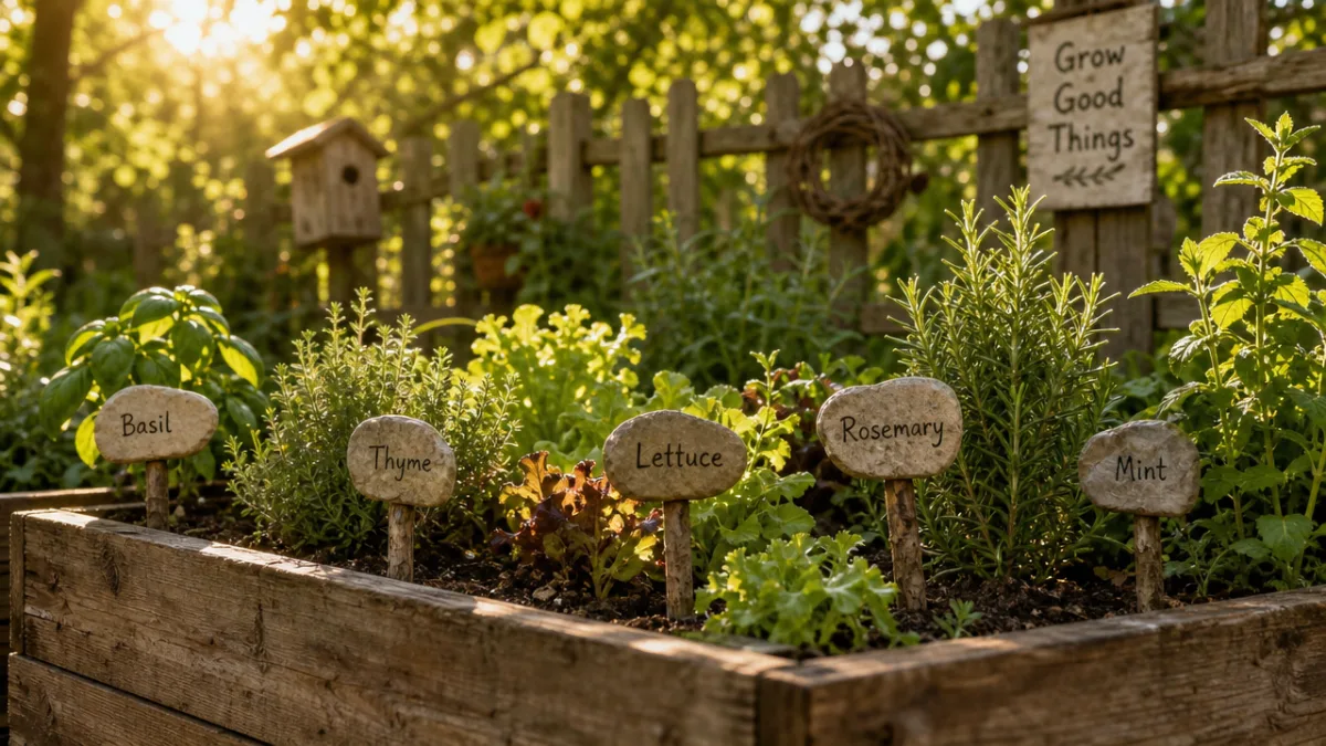 a rustic wooden garden bed with handmade stone and stick plant markers,…