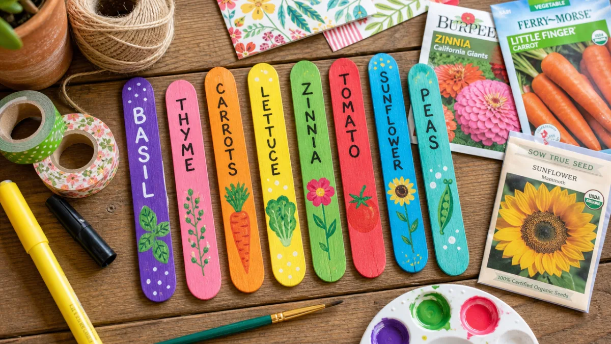 a colorful flat lay of painted popsicle stick garden markers surrounded by…