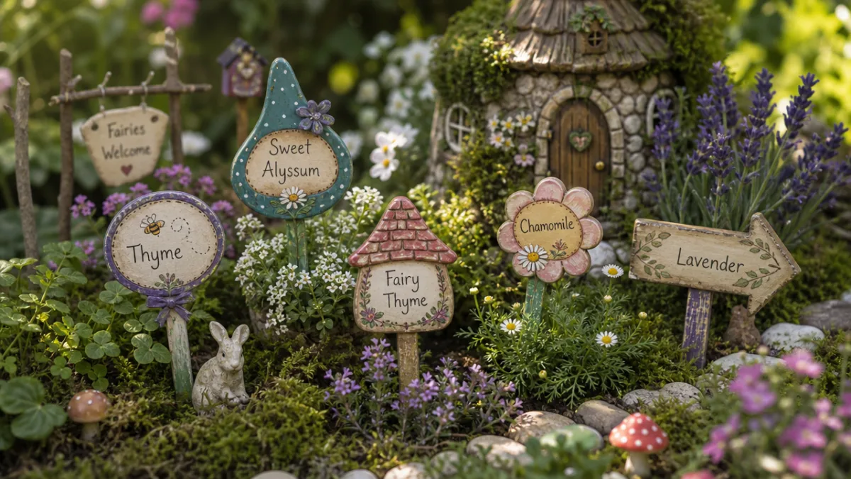 a charming fairy garden with whimsical handmade themed plant markers among moss…