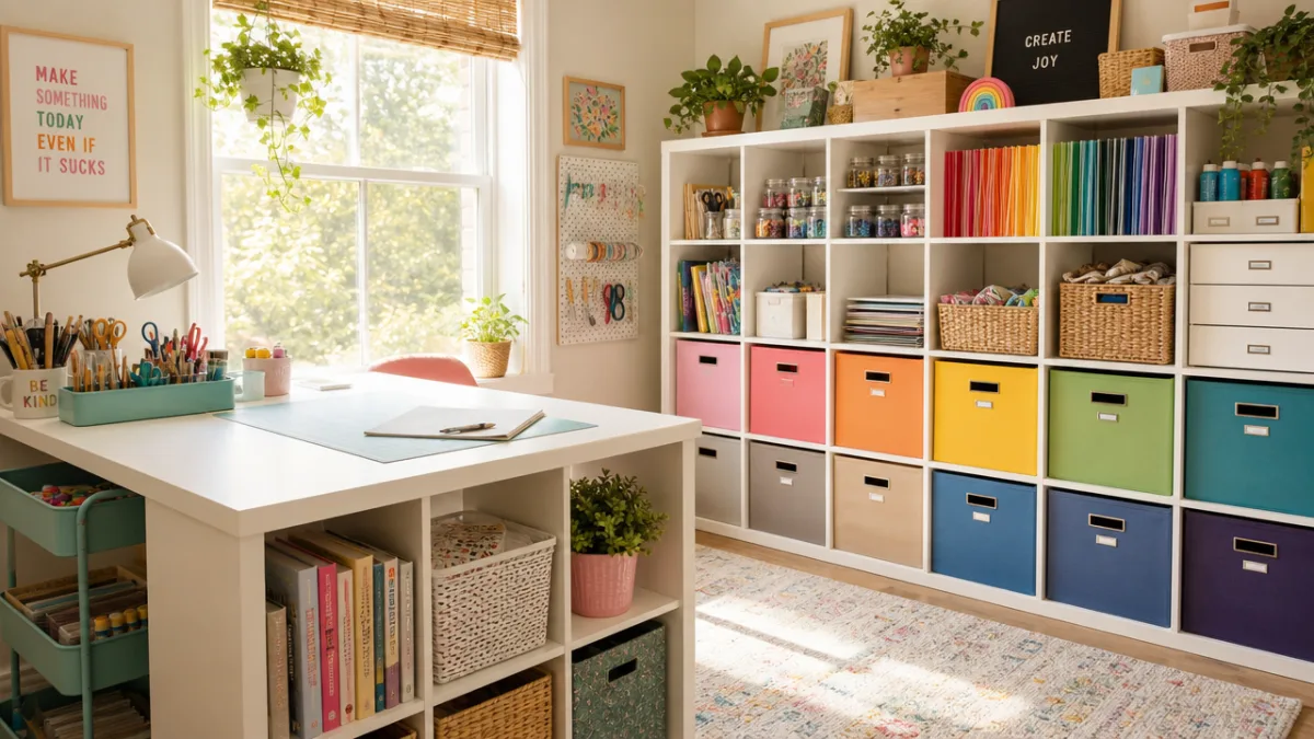 a bright craft room with white KALLAX shelving units filled with colorful…