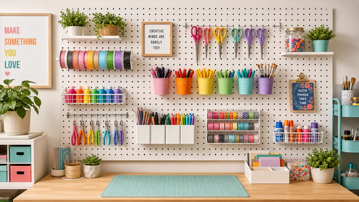 a organized craft room pegboard covered with colorful tools and containers, bright…