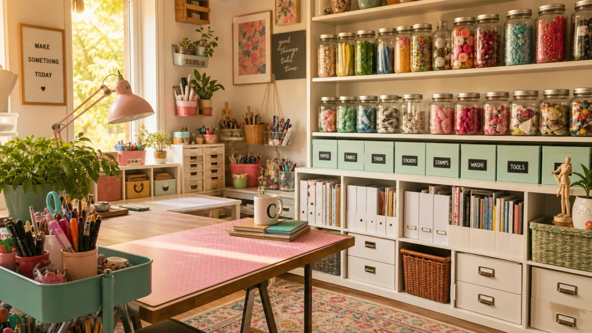 a colorful craft room with repurposed IKEA kitchen jars and organizers filled…