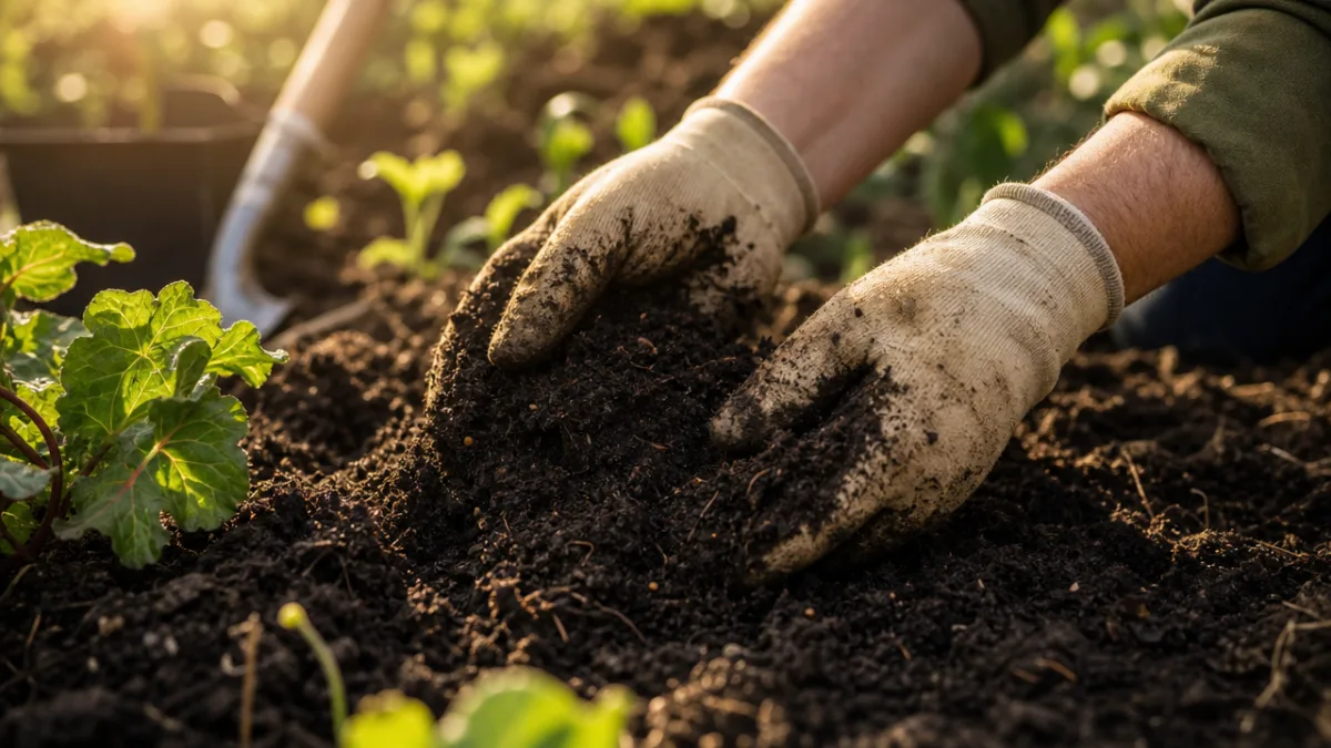 a pair of gloved hands working rich dark compost into garden soil,…