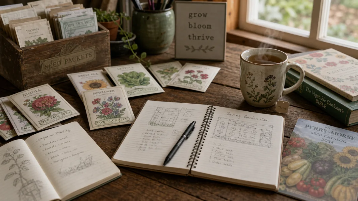 a wooden table covered with seed packets, garden planning notebooks, and a…