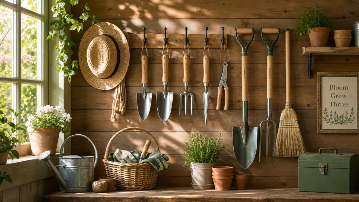 a collection of clean garden tools hanging neatly on a wooden shed…