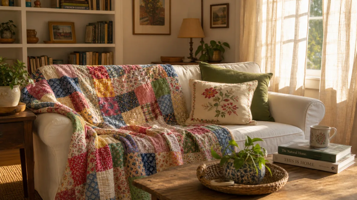 a cozy living room with a colorful patchwork quilt draped over a…