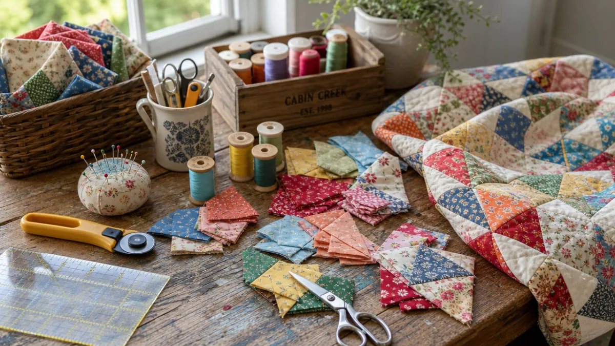 a rustic wooden table with colorful quilt fabric cut into small pieces,…