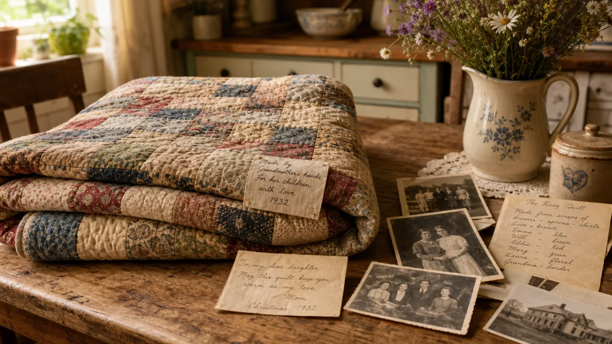 a warm sunlit farmhouse kitchen table displaying a folded antique patchwork quilt…