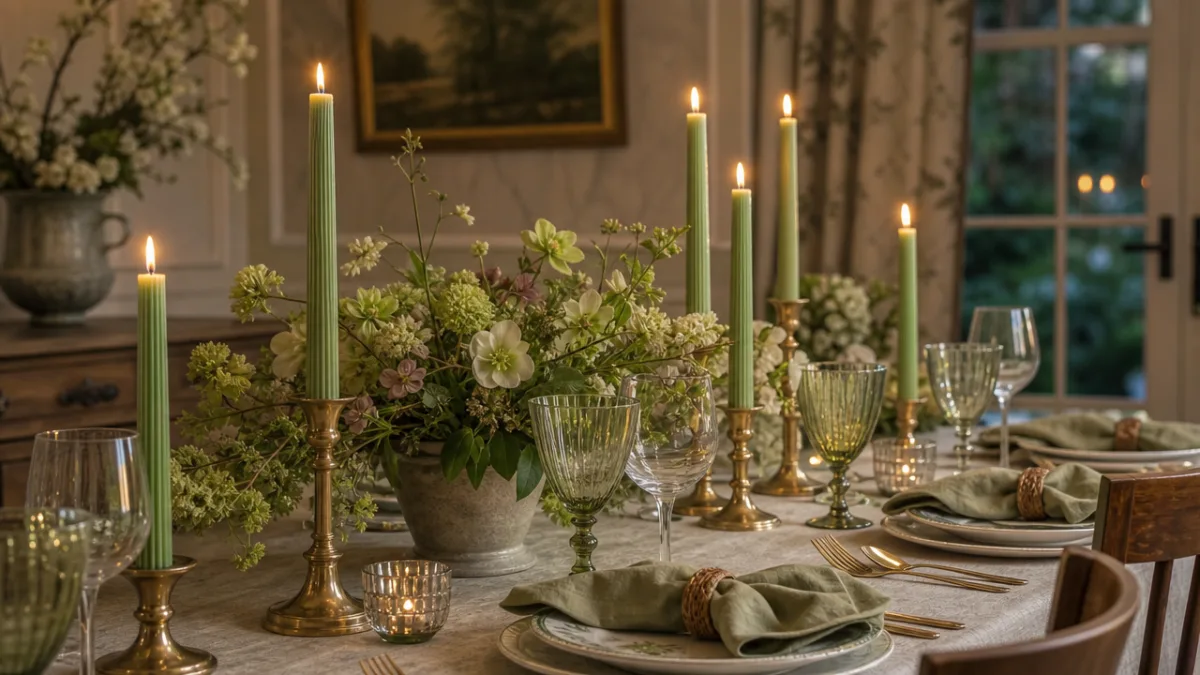 an elegant dinner table set with spring green ribbed taper candles in…